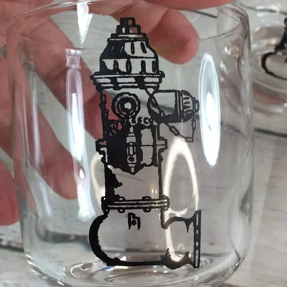 4 Heavy Bottom 10-ounce Low-Ball Glasses with Fire HYDRANT Images Firefighter
